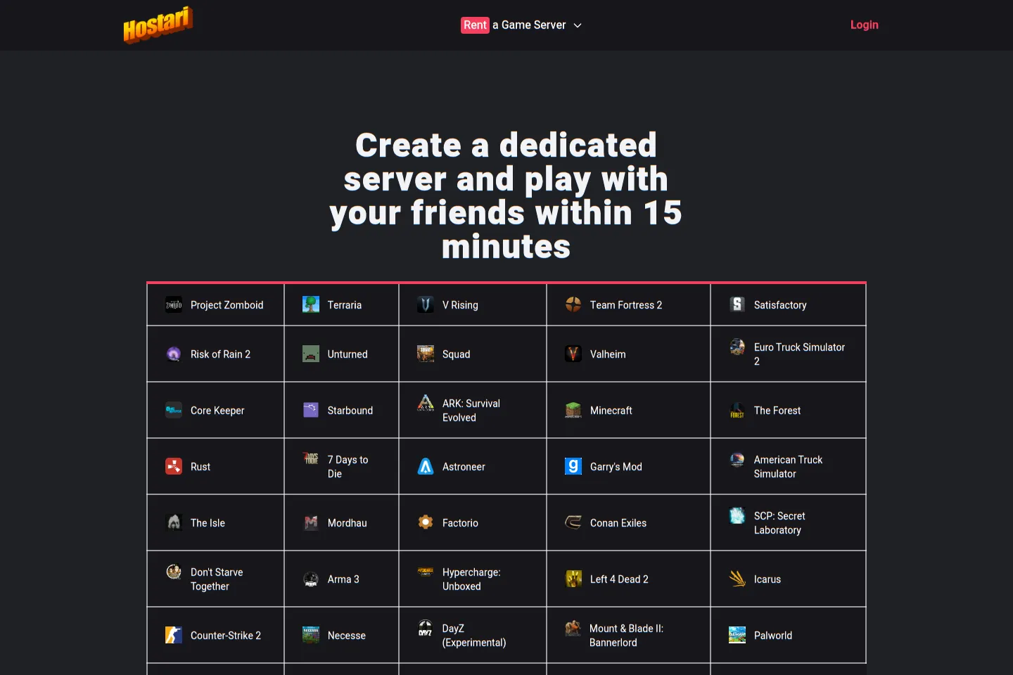 Hostari landing page hero presenting its dedicated game-server catalog and fifteen-minute setup promise