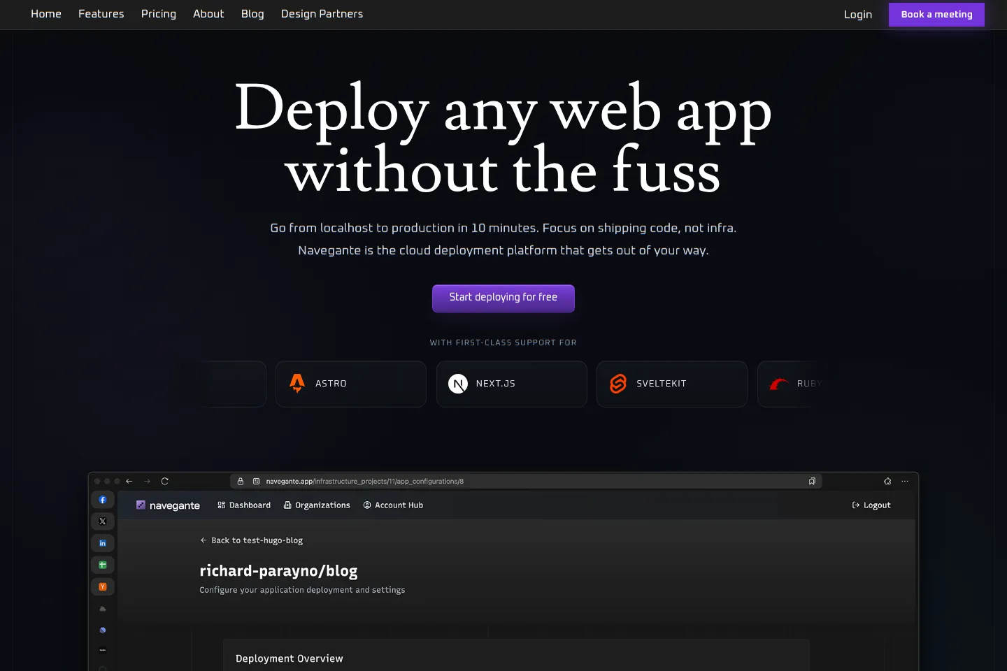 Navegante landing page hero showing its deploy-any-web-app message, supported frameworks, and deployment dashboard preview