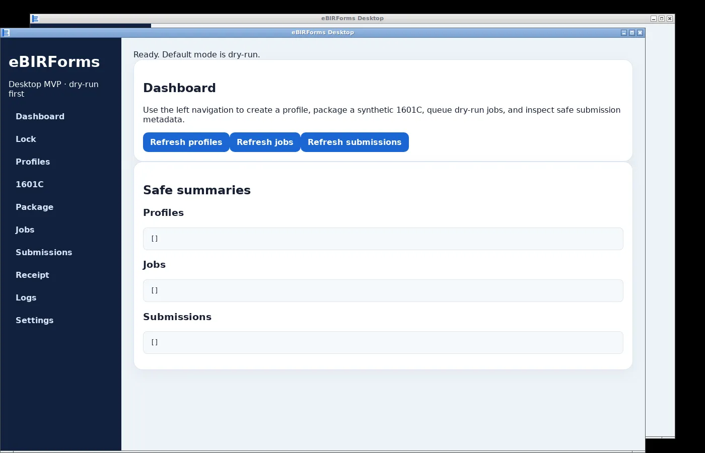 Unofficial Philippine tax forms desktop dashboard showing dry-run status, profiles, queued jobs, and submission summaries