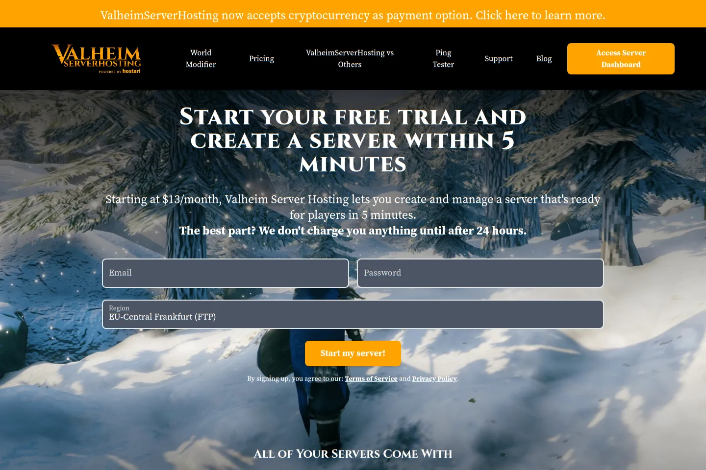ValheimServerHosting landing page hero showing its five-minute server setup and free-trial signup workflow